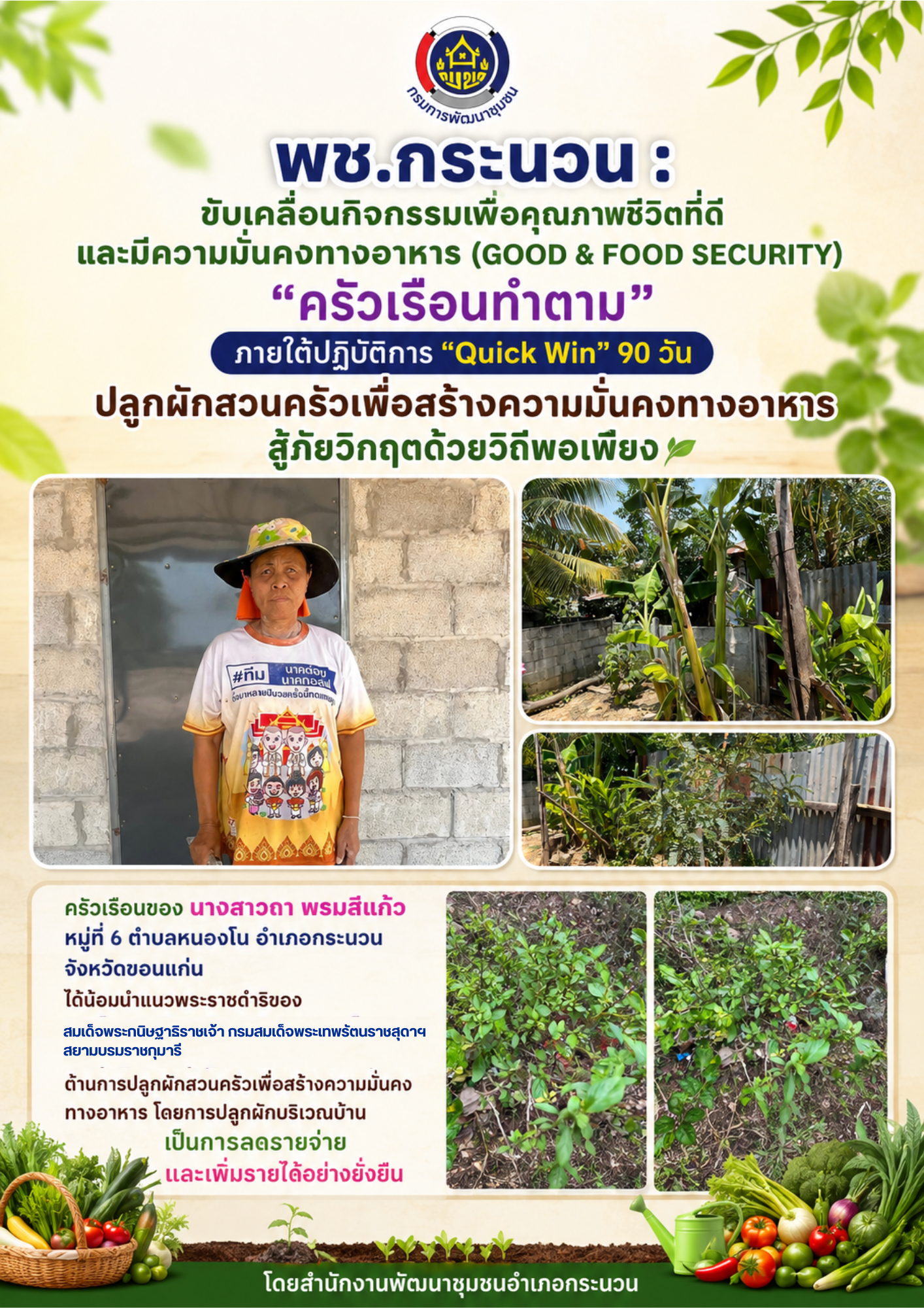 พช.กระนวน : ขับเคลื่อนกิจกรรมเพื่อคุณภาพชีวิตที่ดีและมีความมั่นคงทางอาหาร (GOOD & FOOD SECURITY) “ครัวเรือนทำตาม” ภายใต้ปฏิบัติการ “Quick Win” 90 วัน ปลูกผักสวนครัวเพื่อสร้างความมั่นคงทางอาหาร สู้ภัยวิกฤตด้วยวิถีพอเพียง