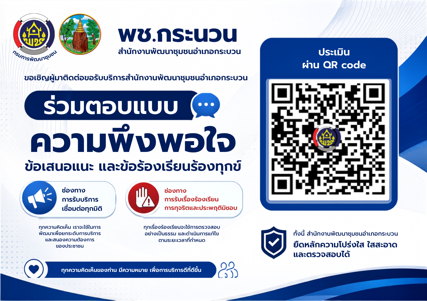 พช.กระนวน : ขอเชิญผู้มาติดต่อขอรับบริการสำนักงานพัฒนาชุมชนอำเภอกระนวน ร่วมตอบแบบความถึงพอใจ ข้อเสนอแนะ และข้อร้องเรียนร้องทุกข์