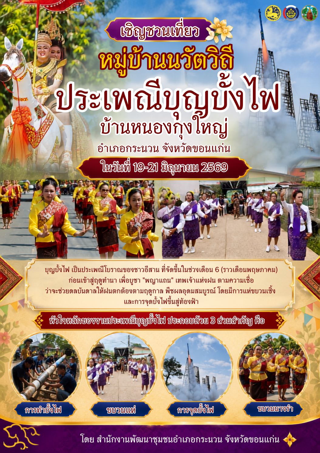 พช.กระนวน : ขอเชิญทุกท่าน ท่องเที่ยวหมู่บ้าน OTOP นวัตวิถี “ประเพณีบุญบั้งไฟบ้านหนองกุงใหญ่ อำเภอกระนวน จังหวัดขอนแก่น” ผ่านแอปพลิเคชั่น “Click ชุมชน”